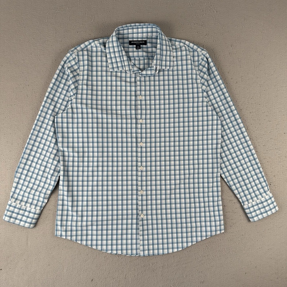 Mizzen Main Leeward Shirt Mens XXL White Blue Check Trim Fit Performance Stretch